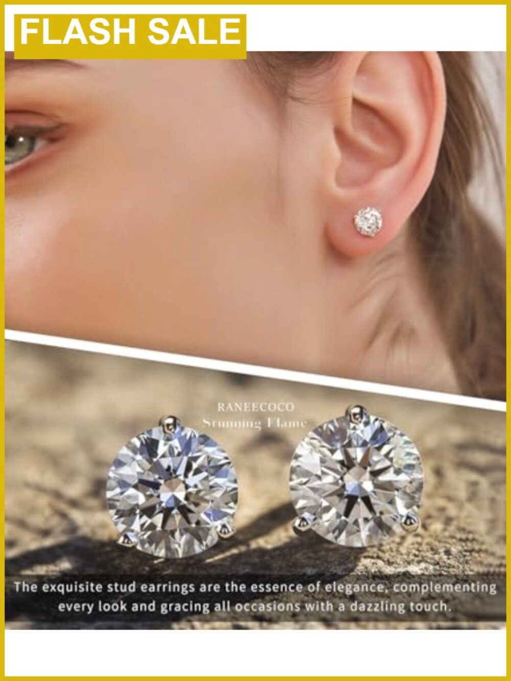 18K Gold Plated Silver Simulated Diamond Cubic Zirconia Stud Earrings - Picture 5 of 6